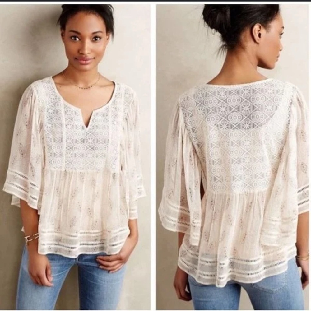 Meadow Rue Cream Bell Sleeve Blouse with Ruffled Embellishments  (B4)